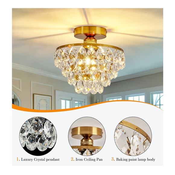 YYJLX Modern Crystal Semi Flush Mount Gold Ceiling Light Fixture 9.8" E26 - Picture 5 of 11